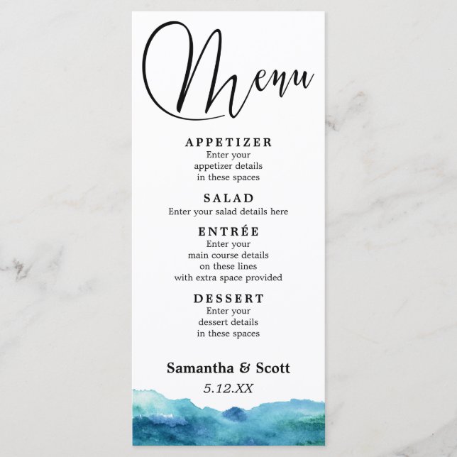 Modern Abstract Blue Green Aqua Watercolor Menu (Front)