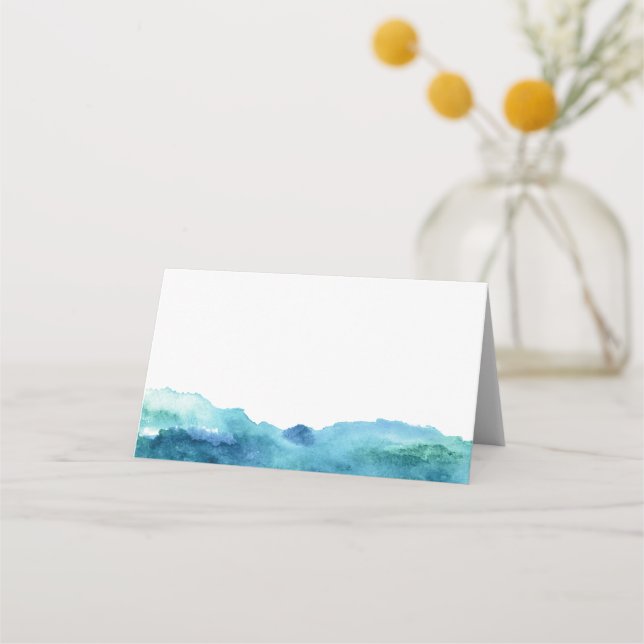 Modern Abstract Blue Green Aqua Watercolor Place Card (Front)