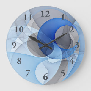Modern Abstract Blue Grey Fractal Art Graphic Large Clock