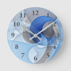 Modern Abstract Blue Grey Fractal Art Graphic Round Clock
