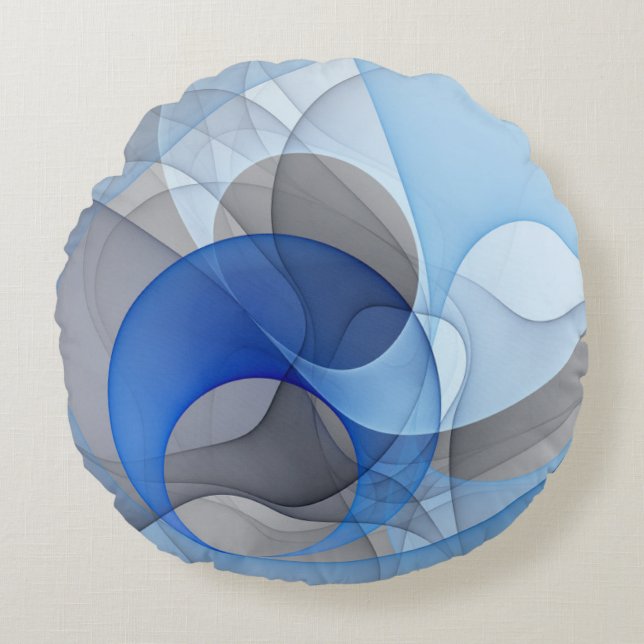 Modern Abstract Blue Grey Fractal Art Graphic Round Cushion (Front)