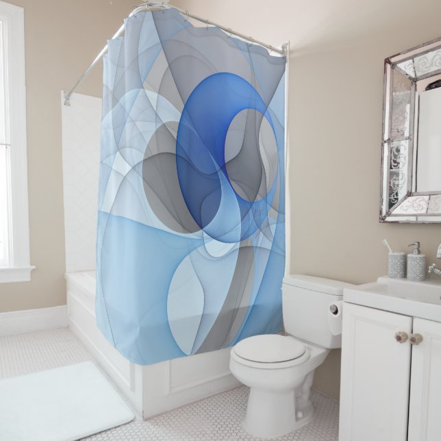 Modern Abstract Blue Grey Fractal Art Graphic Shower Curtain (In Situ)