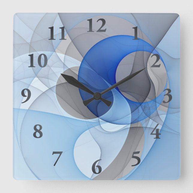 Modern Abstract Blue Grey Fractal Art Graphic Square Wall Clock (Front)