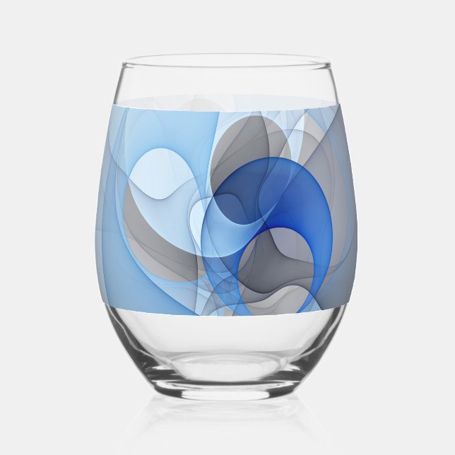 Modern Abstract Blue Grey Fractal Art Graphic Stemless Wine Glass (Front)