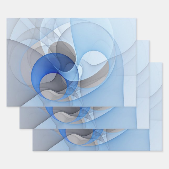 Modern Abstract Blue Grey Fractal Art Graphic Wrapping Paper Sheet (Set)