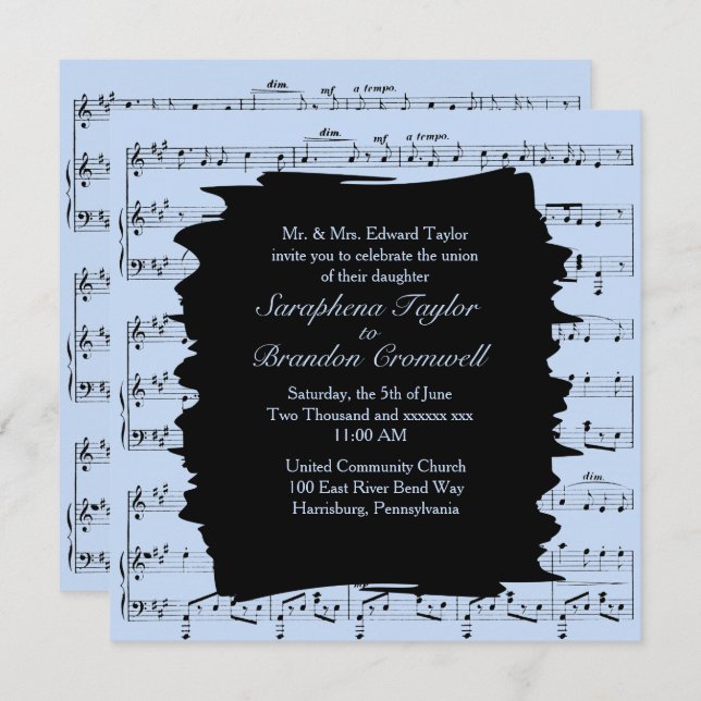 Modern Abstract Blue Music Wedding Invitation (Front/Back)