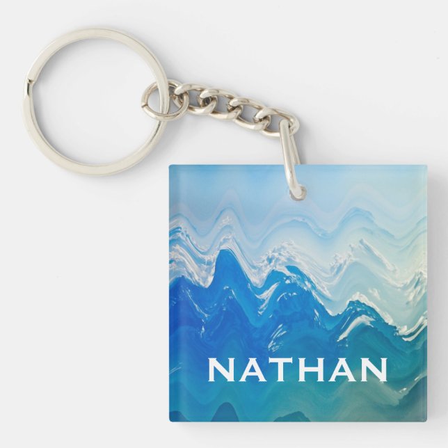 Modern Abstract Blue Ocean Art Personalised Key Ring (Front)