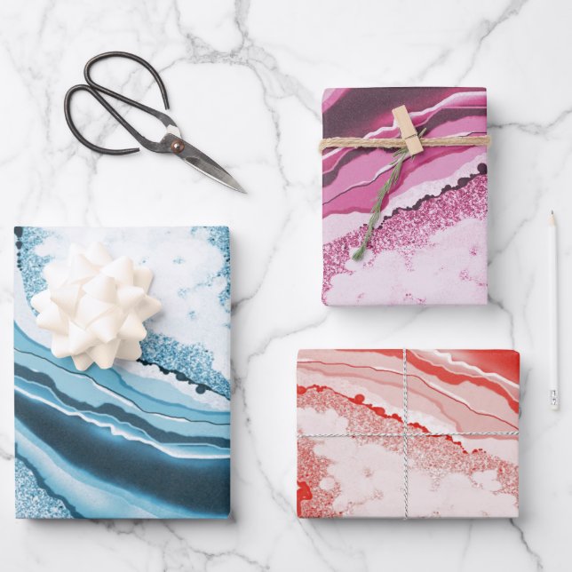 Modern Abstract Blue Pink Agate Geode Gemstone Wrapping Paper Sheet (Front)