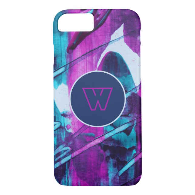 Modern Abstract Blue Pink Brush Strokes Monogram Case-Mate iPhone Case (Back)