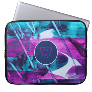 Modern Abstract Blue Pink Brush Strokes Monogram Laptop Sleeve