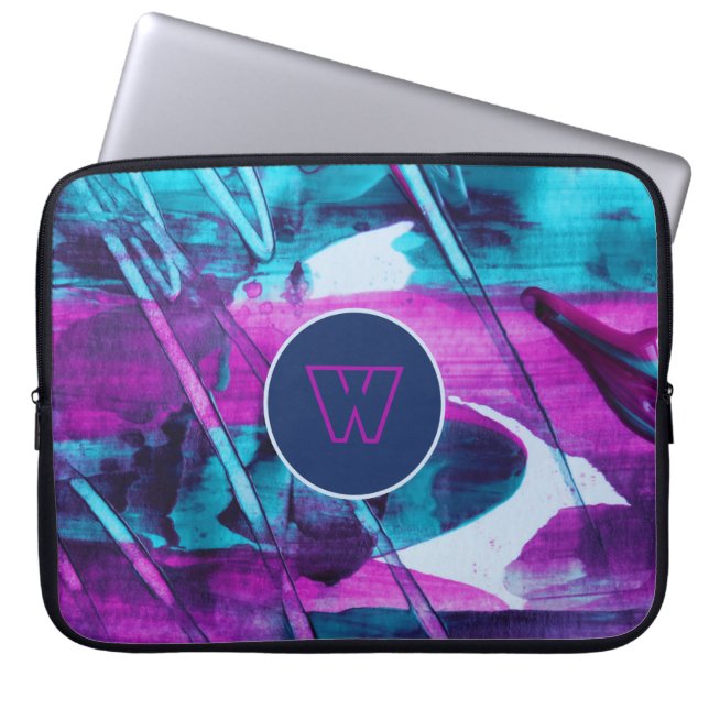 Modern Abstract Blue Pink Brush Strokes Monogram Laptop Sleeve (Front)