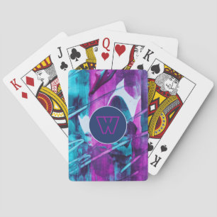 Modern Abstract Blue Pink Brush Strokes Monogram Playing Cards