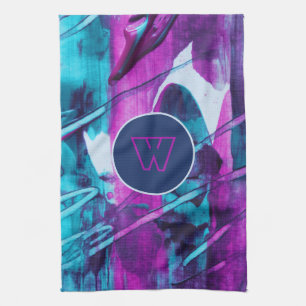 Modern Abstract Blue Pink Brush Strokes Monogram Tea Towel