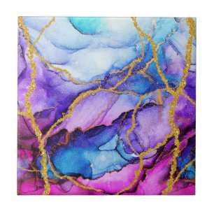 Modern Abstract Blue Purple Gold Glitter Pattern Ceramic Tile