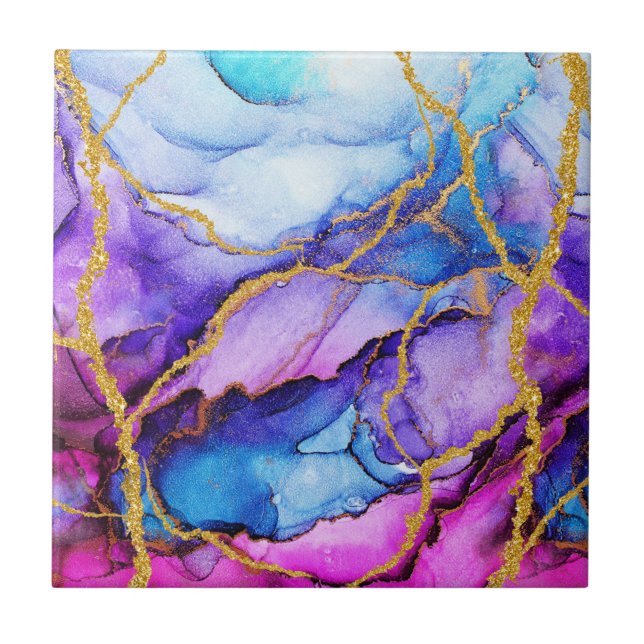 Modern Abstract Blue Purple Gold Glitter Pattern Ceramic Tile (Front)