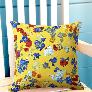 Modern Abstract Blue Red Flowers Mustard Yellow Cushion