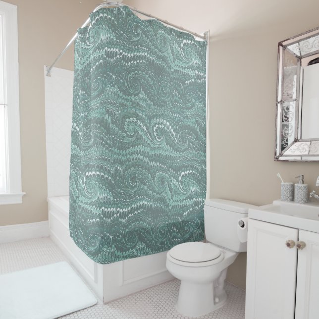 Modern Abstract Blue Swirls Marble Pattern Shower Curtain (In Situ)