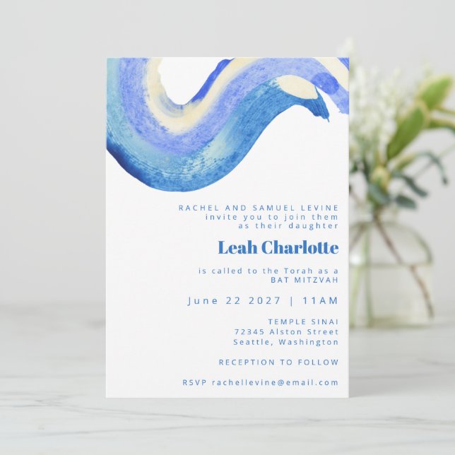Modern Abstract Blue Watercolor Bat Bar Mitzvah Invitation (Standing Front)