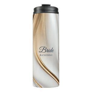 Modern Abstract-Blue White Gold-Bride- Thermal Tumbler