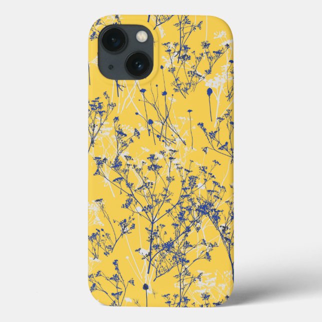 Modern Abstract Blue Wildflowers on Mustard Yellow Case-Mate iPhone Case (Back)