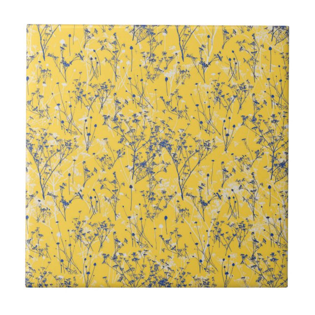 Modern Abstract Blue Wildflowers on Mustard Yellow Ceramic Tile (Front)