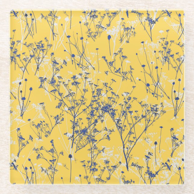 Modern Abstract Blue Wildflowers on Mustard Yellow Glass Coaster (Front)