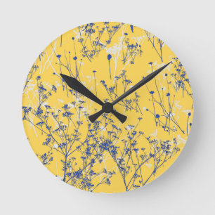 Modern Abstract Blue Wildflowers on Mustard Yellow Round Clock