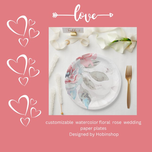 Modern Abstract Blush Rose & Wildflower Wedding Paper Plate (customizable  watercolor floral  rose  wedding paper plates
 Designed by Hobinshop)
