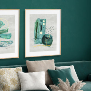 Modern Abstract Boho Style Green n Gold Watercolor Foil Prints