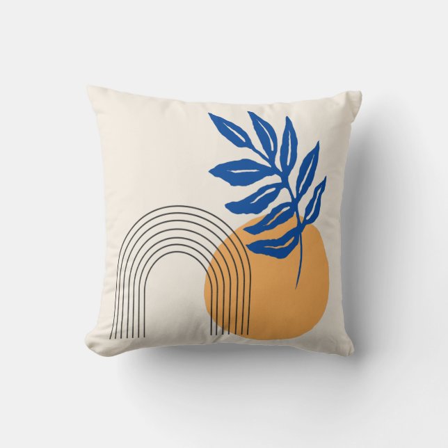 Modern Abstract Botanical Illustration Blue Yellow Cushion (Front)