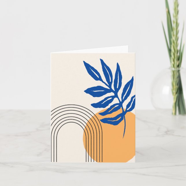 Modern Abstract Botanical Illustration Blue Yellow Note Card (Front)