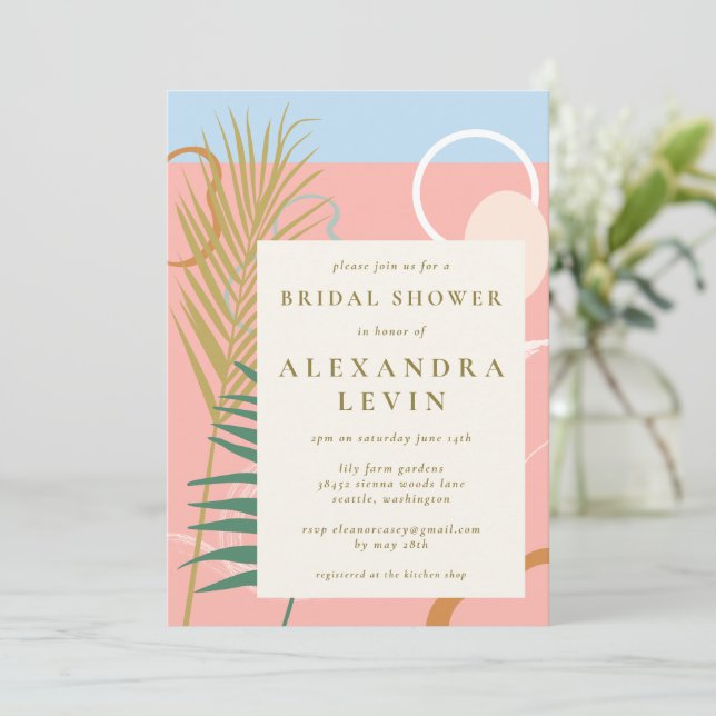 Modern Abstract Botanical Pink Blue Bridal Shower Invitation (Standing Front)