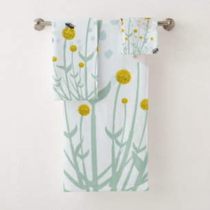 Modern Abstract Botanical Yellow Billy Button Bath Towel Set