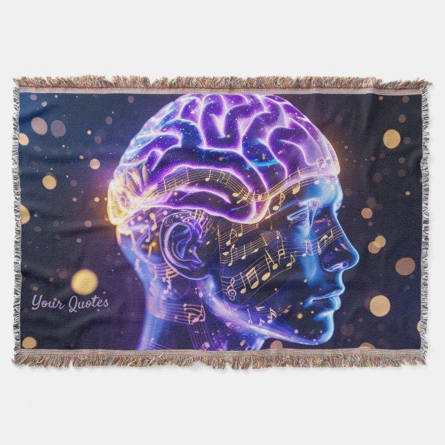 Modern Abstract Brain Art with Musical Notes Throw Blanket (Front)