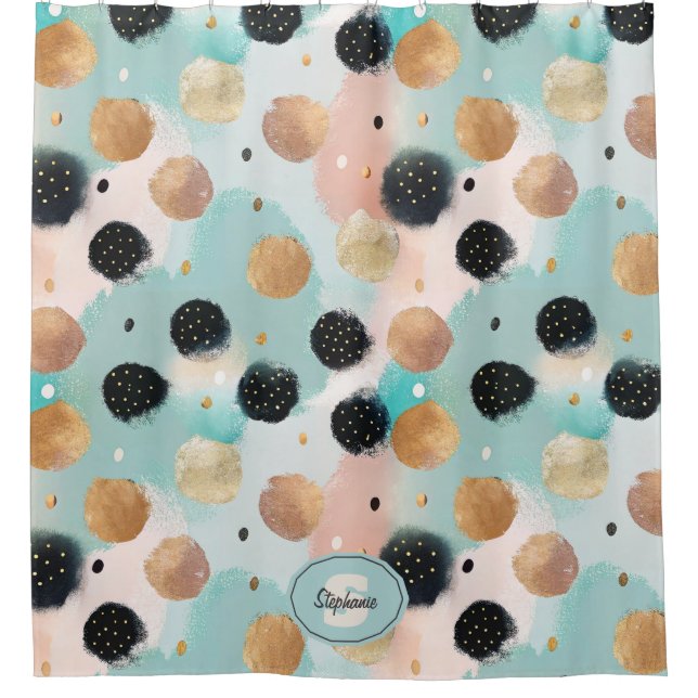 Modern Abstract Brushstroke & Polka Dot Pattern Shower Curtain (Front)