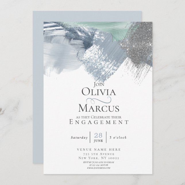 Modern Abstract Brushstrokes Dusty Blue Sage Green Invitation (Front/Back)