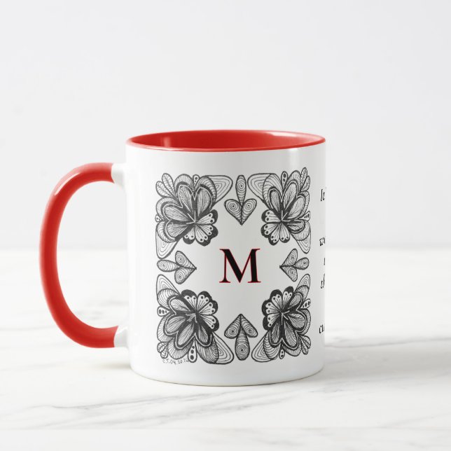 Modern Abstract BW Doodle and Initial with Red Mug (Left)