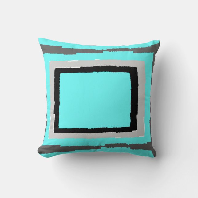 Modern Abstract Colour Blocks, Aqua Black Greys Cushion (Front)