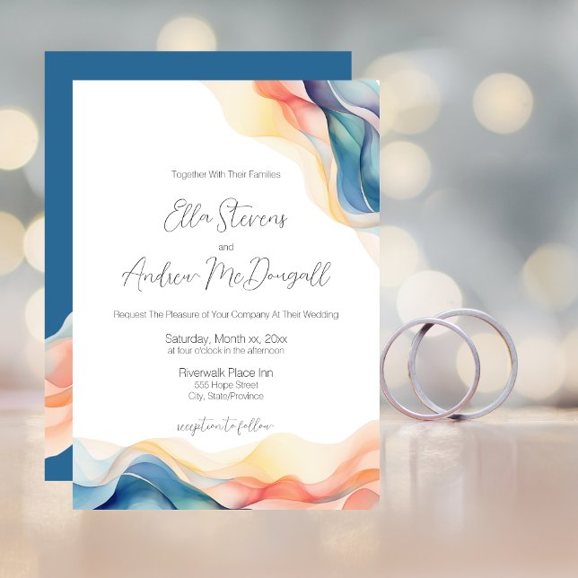 Modern Abstract Colour Wave Blue Wedding Invitation (Modern Abstract Color Wave Blue Wedding Invitation Card)