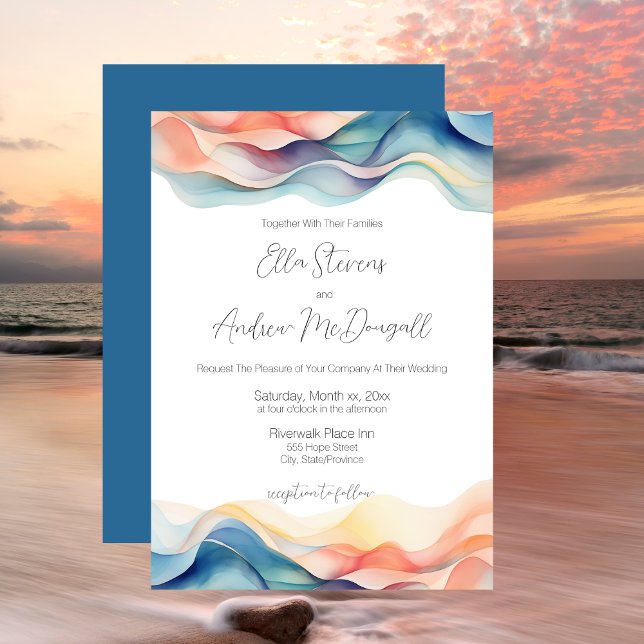 Modern Abstract Colour Wave Blue Wedding Invitation (Modern Abstract Color Wave Blue Wedding Invitation)