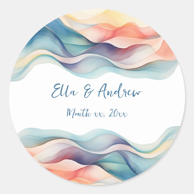 Modern Abstract Colour Wave Blue White Wedding Classic Round Sticker (Front)