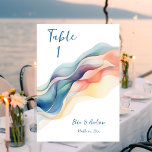 Modern Abstract Colour Wave Blue White Wedding Table Number<br><div class="desc">A modern Wedding Reception Table Number Card designed in a bright abstract colour wave, with deep blue text, on a white background. The text includes: The Table Number, The Bride and Groom's First Names and Wedding Date. To personalise, simply insert a number for each card required into our easy template,...</div>