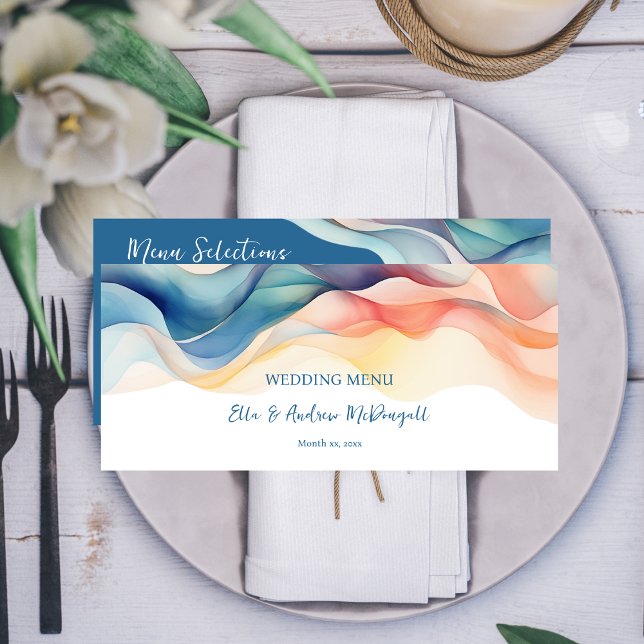 Modern Abstract Colour Wave Wedding Menu (Modern Abstract Wedding Design Blue Wedding Reception Menu)