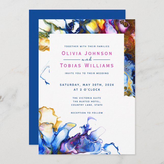 Modern abstract colourful blue inky marble invitation (Front/Back)