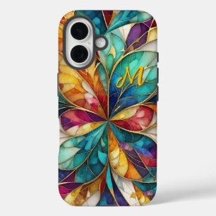 Modern abstract colourful leaves & custom monogram iPhone 16 case