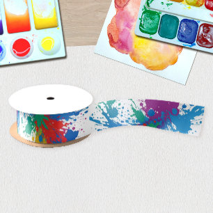 Modern Abstract Colourful Paint Splatters Pattern Satin Ribbon