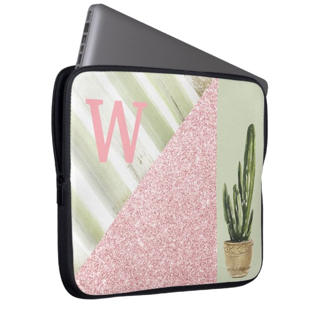Modern Abstract Coral Glitter Cactus Monogram Laptop Sleeve (Front Right)