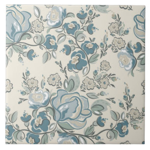 Modern Abstract Cream Blue Floral Ceramic Tile