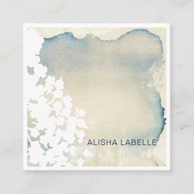 Modern Abstract Cream & Blue Watercolor Wash Square Business Card (Front)