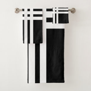 Modern Abstract Cross White Lines on Black Bath Towel Set